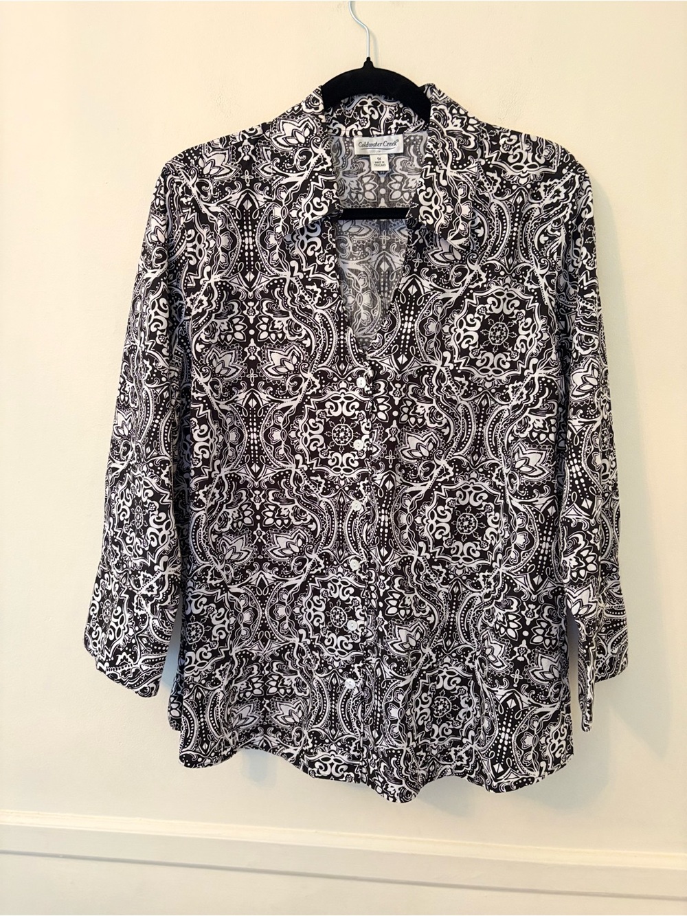 Coldwater Creek Black & White Paisley Blouse, Button-up-Collar- Sz 1X